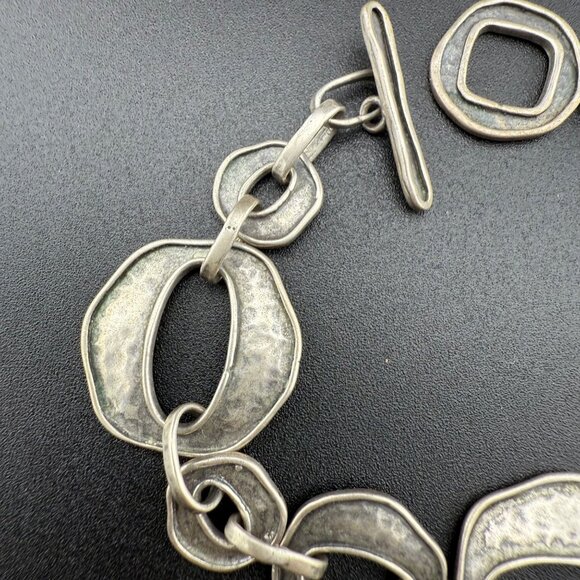 Artisan Sterling Silver Organic Link Bracelet 925 With Hammered Design And Toggl - Picture 4 of 8